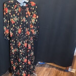 Terra & Sky Black Dress with Red Floral Pattern